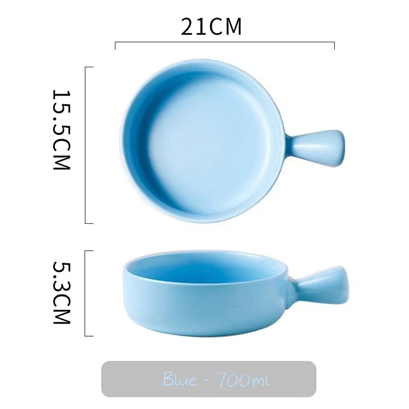 Nordic Ceramic Salad Bowl Single Handle Breakfast Cereal Fruit Bowl Solid Color Dessert Soup Noodle Bowl Microwave Oven Special: blue