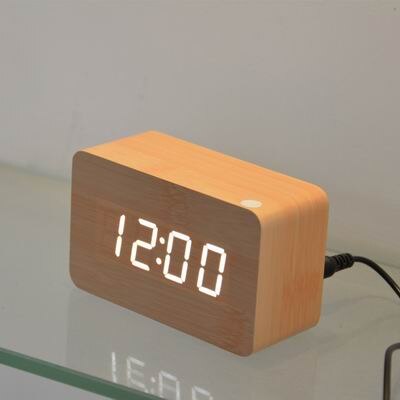 Fibisonic Houten Wekkers Met Thermometer, Geluidsregeling Hout Led Klokken, Digitale Bureau En Tafel Klok: bamboo with white