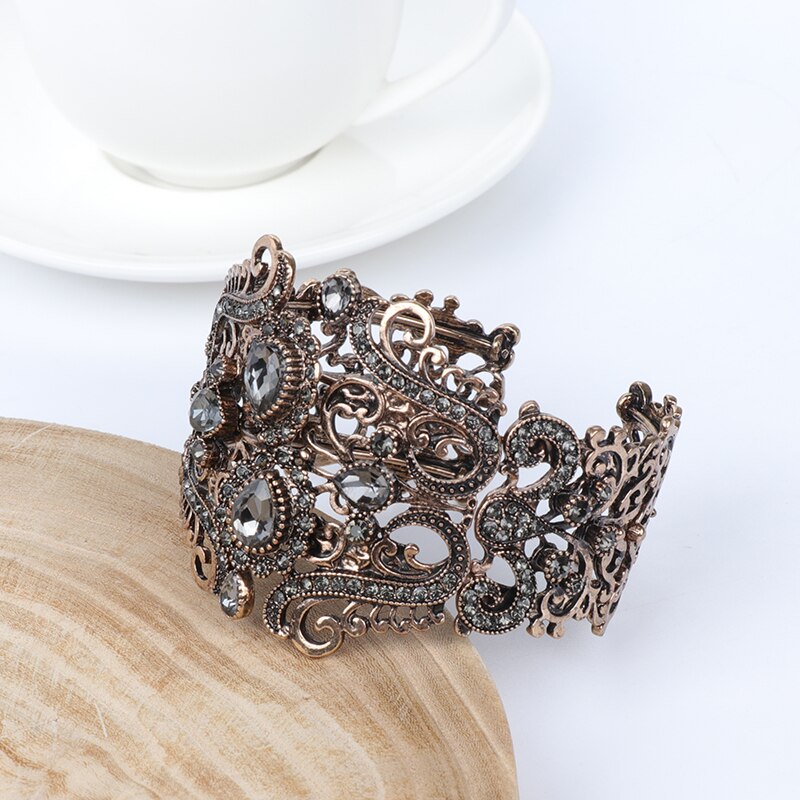 Kinel Vintage Indian Wide Gray Crystal Flower Cuff Bangle For Women Antique Gold Spring Bracelet Turkish Wedding Jewelry