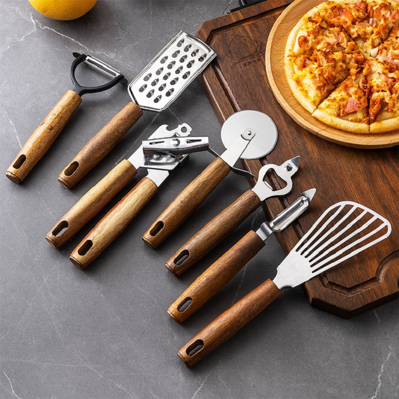 Utensilios de cocina de acero Manual, pelador de verduras, abrelatas, batidor de huevos, cortador de Pizza, rebanador de queso, herramientas de cocina útiles