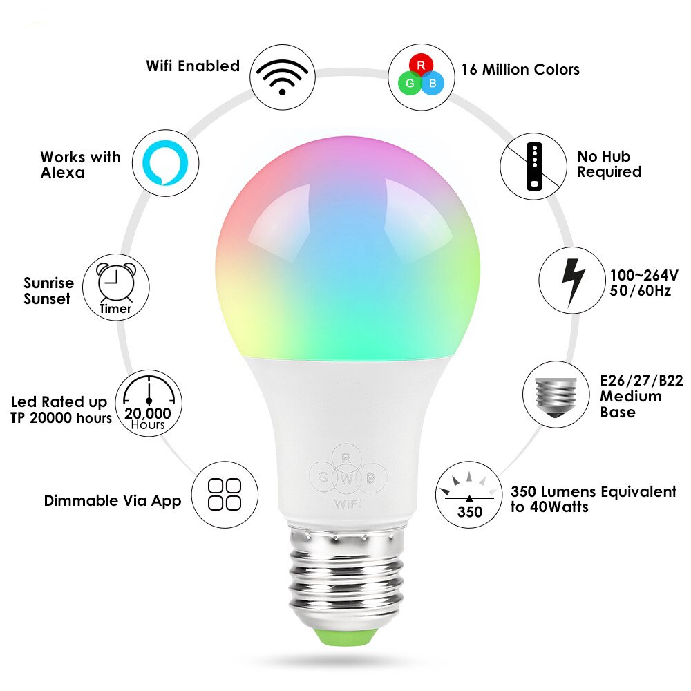 E27 Smart WIFI Lamp RGB RGBW Dimbare LED Lamp Gloeilamp Werkt met Alexa Google Thuis, 16 miljoen Kleuren, APP Afstandsbediening