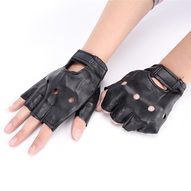 1 par de mitones de cuero sin dedos de PU negros para mujer, medio guantes de conducir dedo para mujer