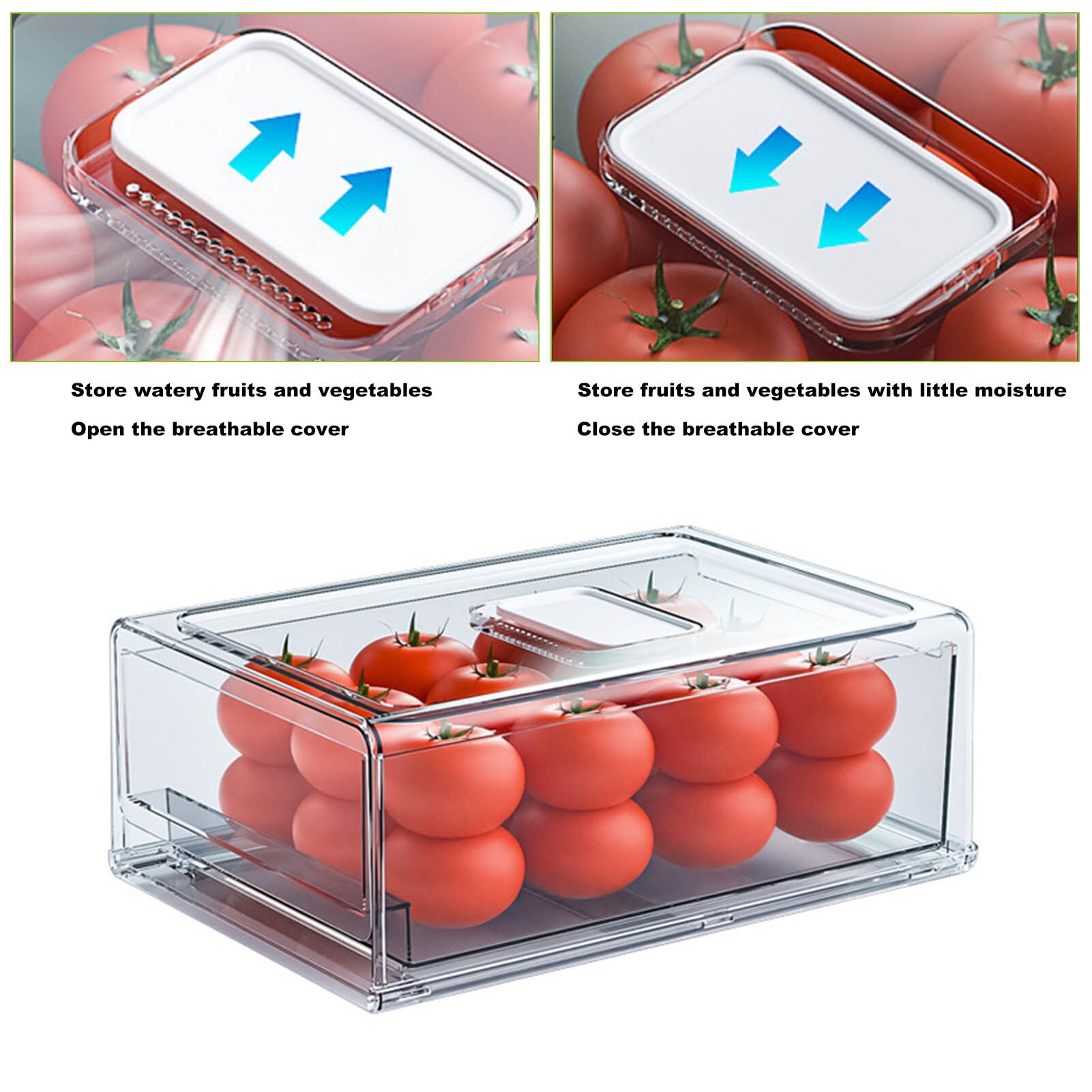 Refrigerator Food Storage Containers With Drainer Kitchen Vegetable Fruit Fresh Storage Box With Lid Fridge Stackable Organizer