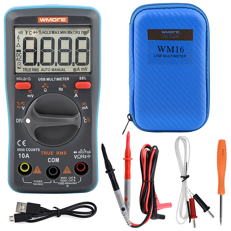 Wmore USB Charge Digital Multimeter for Tester 6000 counts Auto Ranging AC/DC voltage meter Flash light Back light Top
