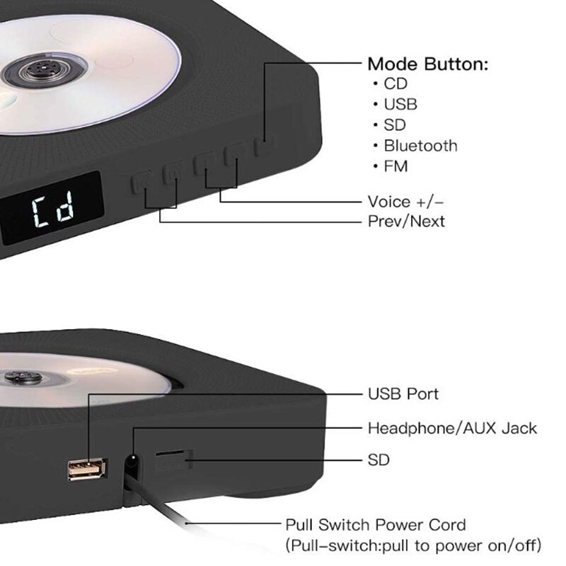 Lecteur CD Bluetooth mural MOOL avec affichage lecteur de musique USB Portable lecteur DVD avec haut-parleur intégré noir