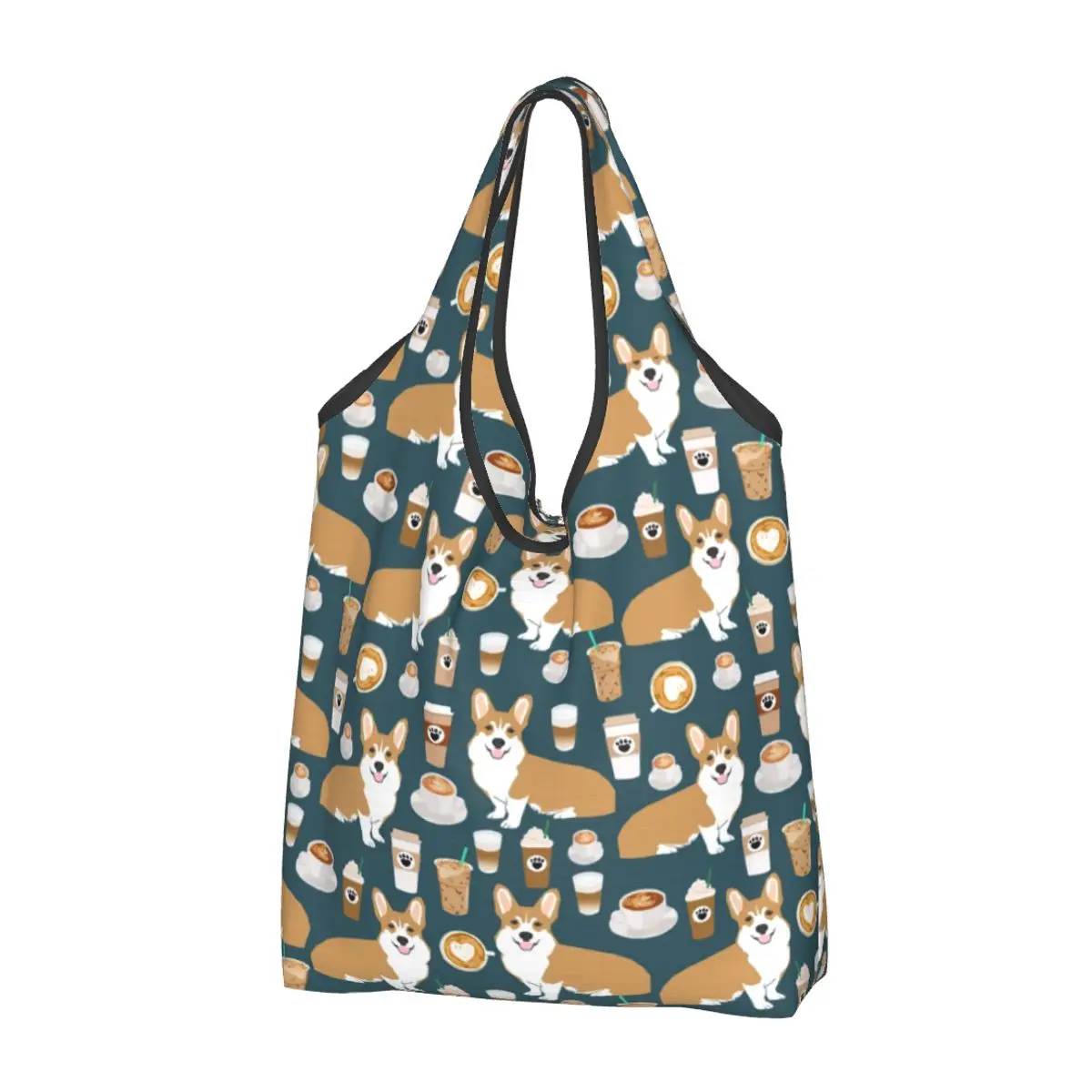 Recycling Coffee Welsh Corgis Dog Shopping Bag Women Tote Bag Portable Grocery Shopper Bags: Brown