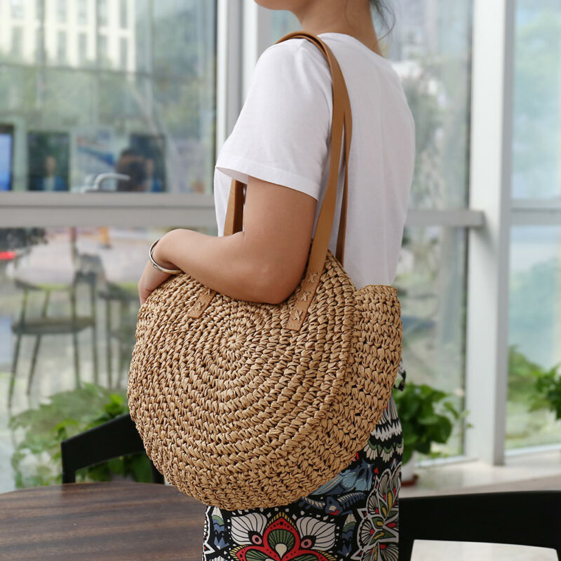 Bolso de mano tejido bohemio para mujer, bolso de playa de verano, bolso de paja, bolsos de hombro redondos de ratán