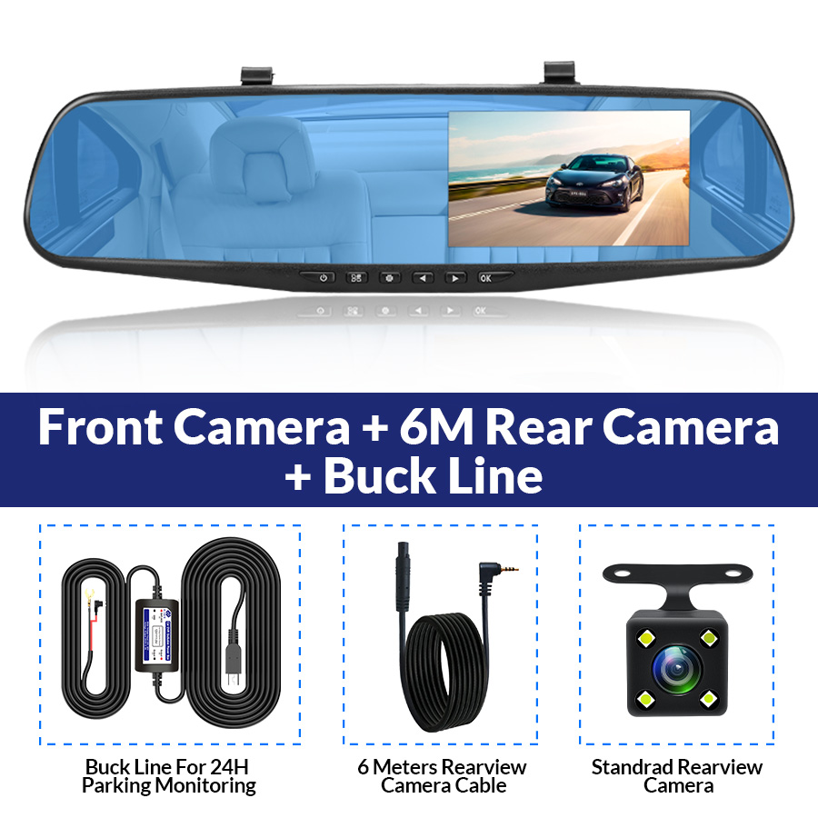 Dashcam 4.3 pouces 1080P IPS voiture DVR enregistreur de conduite rétroviseur double lentille enregistreur de voiture avant et arrière boîte noire: WHITE / 32G