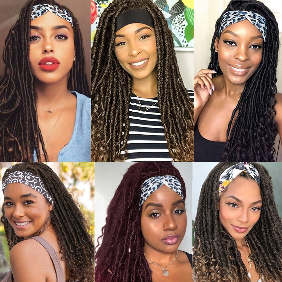 Wakego Wig Ombre Headband Wig 1B/1B 27/1B 30/1B Grey Colors Dreadlock Wig Turban Wig Curly End Goddess Faux Locs Braided Wig