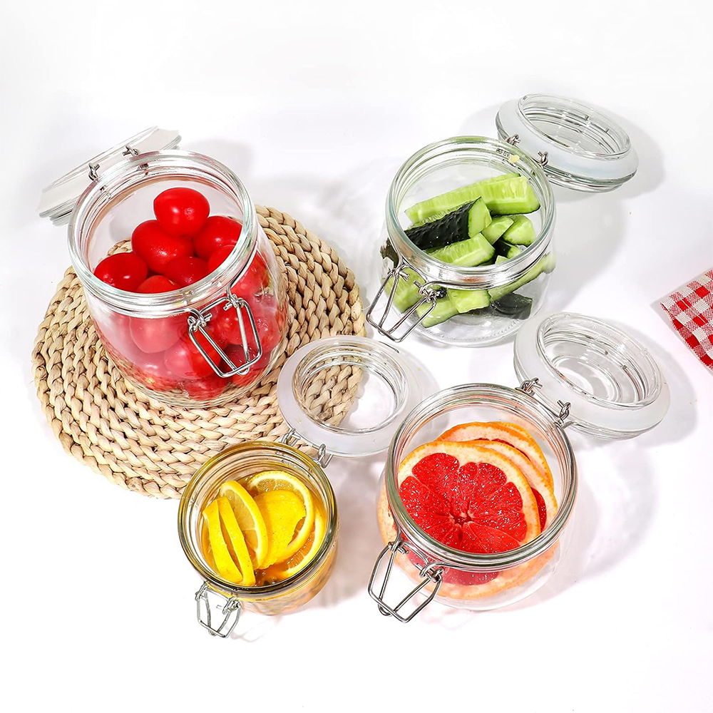 Bocaux en verre transparent avec couvercles articulés hermétiques et joint en caoutchouc anti-fuite, conteneurs en verre de stockage à bouche large de 380/500/750/1000ml
