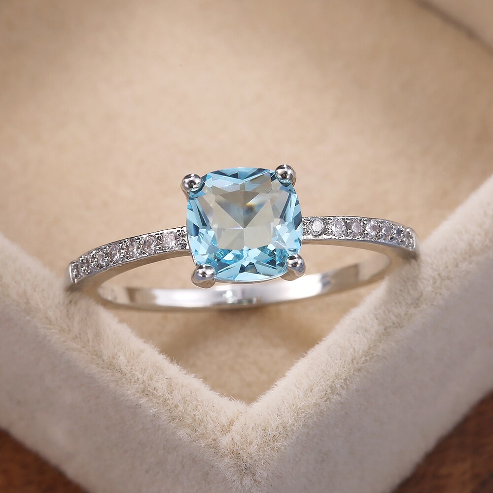 Huitan Vierkante Blauwe Serie Steen Vrouwen Ringen Eenvoudige Minimalistische Pinky Accessoires Ring Band Elegante Verlovingssieraden Ringen: 8 / Sky Blue
