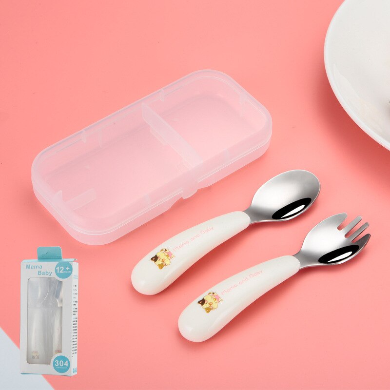 Baby Tableware Set Infant Food Feeding Spoon Fork Gadgets 304 Stainless Steel BPA Free Toddler Cartoon Dinnerware Cutlery: White Cat Set