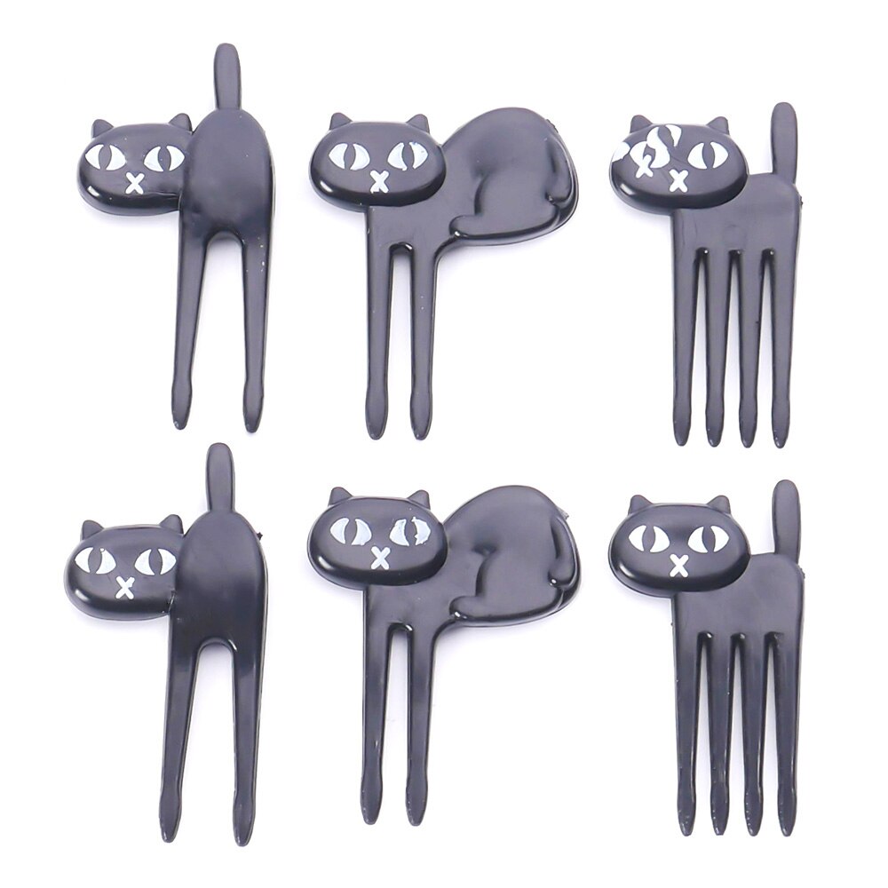 6 Pcs Mini Dier Vork Fruit Picks Leuke Cartoon Kat Kinderen Vork Bento Lunchbox Decor Accessoires Zwarte Kleur: Default Title