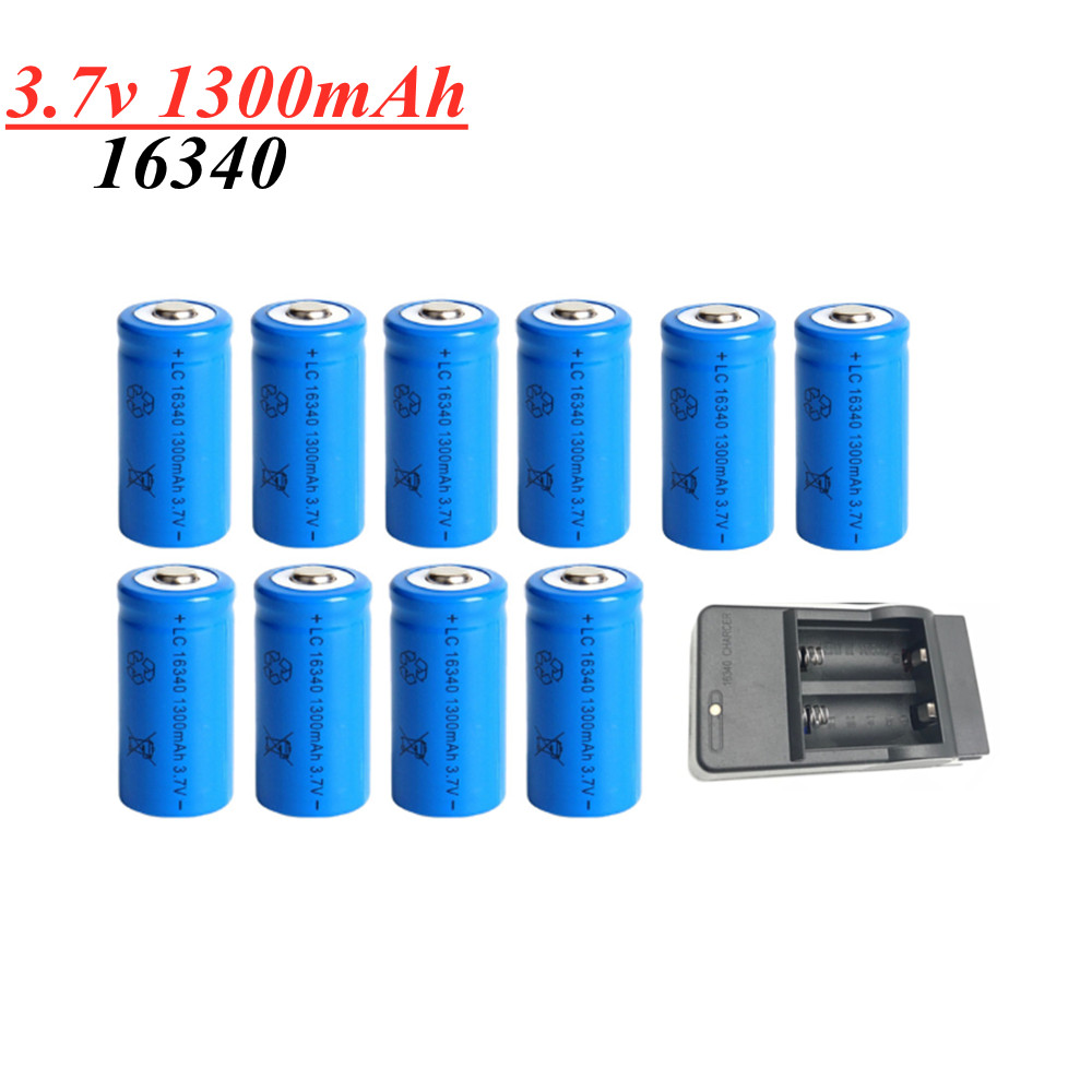 Batería recargable de iones de litio de 1300mAh, 3,7 V, 16340 baterías CR123A para linterna LED, cargador de pared de viaje para batería 16340 CR123A: Azul