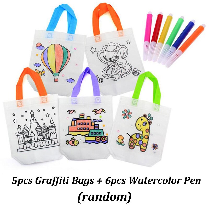 1 sett diy graffiti vesker diamanter håndverk leker barn håndvesker puslespill pedagogisk leketøy barnehage håndmaleri materialer zxh: 5 graffiti poser 6 penn