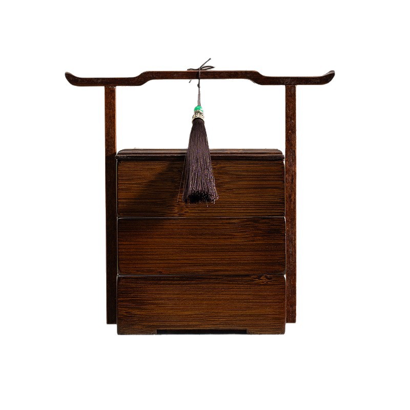 Chinese Style Walnut Color Tea Snack Storage Box Multi-layer Bamboo Made Four-sided Retro Home Use Dry Fruit Snack Box