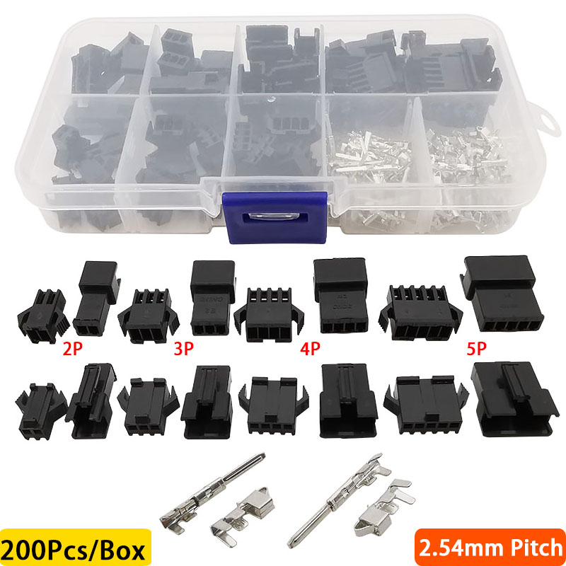 Kit de conectores de cable de puente JST SM/Dupont, conector macho/hembra de 2/3/4/5Pin, 200 unids/lote/caja, 2,54mm