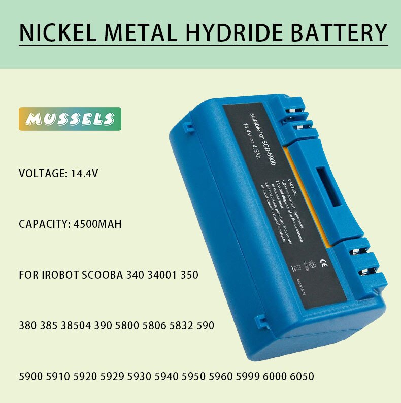 Replacement Rechargeable Battery for iRobot Scooba Vacuum 340 34001 350 380 385 390 5800 5900 6000 14.4V 4500mAh Nimh