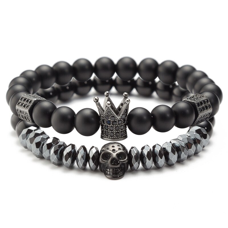 Trendy Micro Ingelegd Zirkoon Crown Cz Skull Armband Set Charm Mannen Kraal Armband Paar Sieraden: Skull Crown