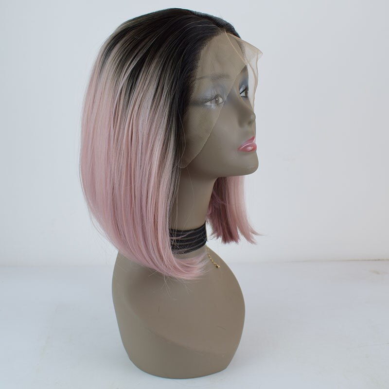 Bombshell preto raízes ombre rosa curto em linha reta bob peruca dianteira do laço sintético resistente ao calor fibra cabelo médio de separação para mulher