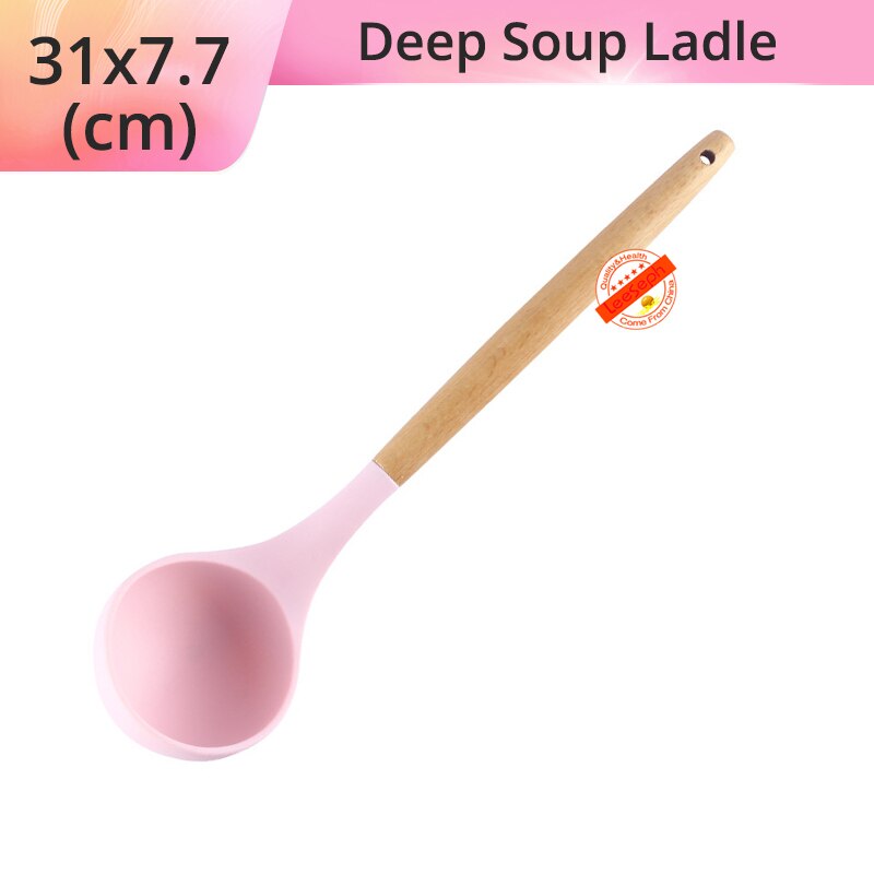 Silicone Cooking Utensils Kitchen Utensils, Acacia Wooden Cooking Tool for Nonstick Cookware - Best Kitchen Gadgets: Pink-Soup Landle
