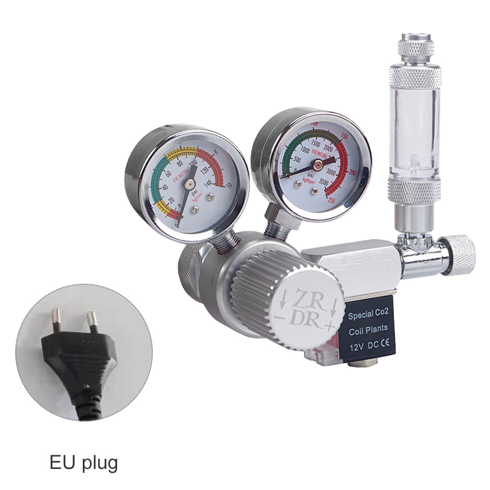 Aquarium CO2 Regulator Adjustable CO2 Pressure Regulator with Solenoid Large Double Pressure Gauge Bubble Counter Check Valve: R120 EU Plug