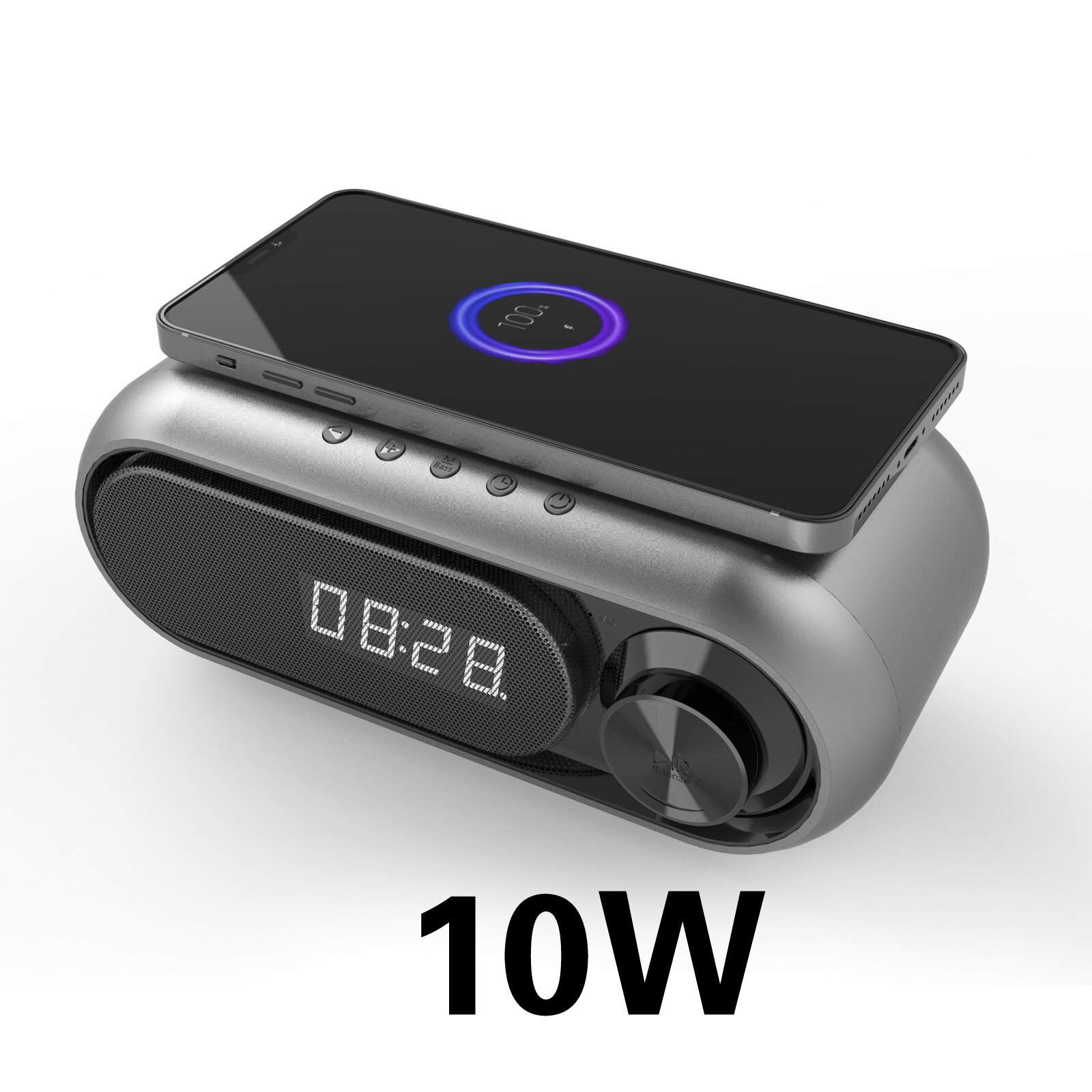 Draadloze Bluetooth Speaker Opladen Led Klok Alarm Fm Radio Tf Card Speaker Met Draadloze Oplader: Grey-10w