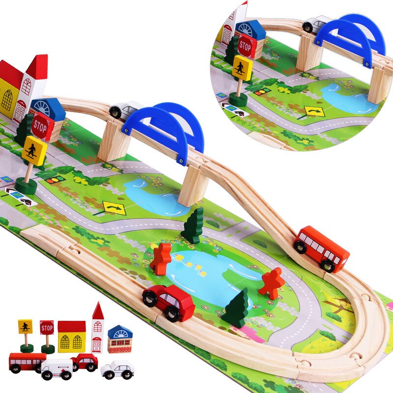 Houten Speelgoed Verkeer Scène Stedelijke Composiet Houten Speelgoed Demonteren Railway Voertuig Spoor Viaduct Kinderen Houten Speelgoed