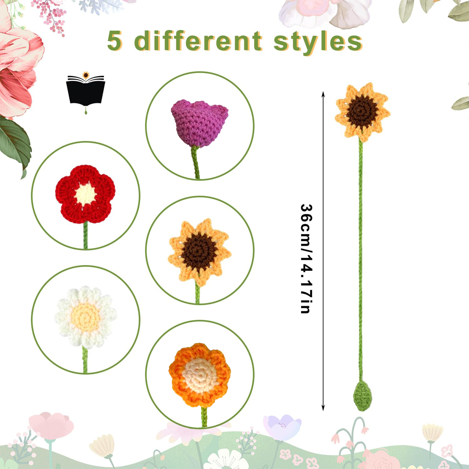 Marcapáginas hecho a mano, 4 estilos, flores de ganchillo, hecho a mano para amantes de los libros, profesores, correas de hebilla de cortina, 1 unidad