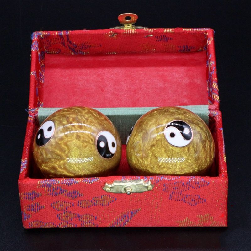 Un par de bolas chinas de salud Baoding, esferas con esmalte, bolas de masaje para terapia de manos 63HE: Golden-A