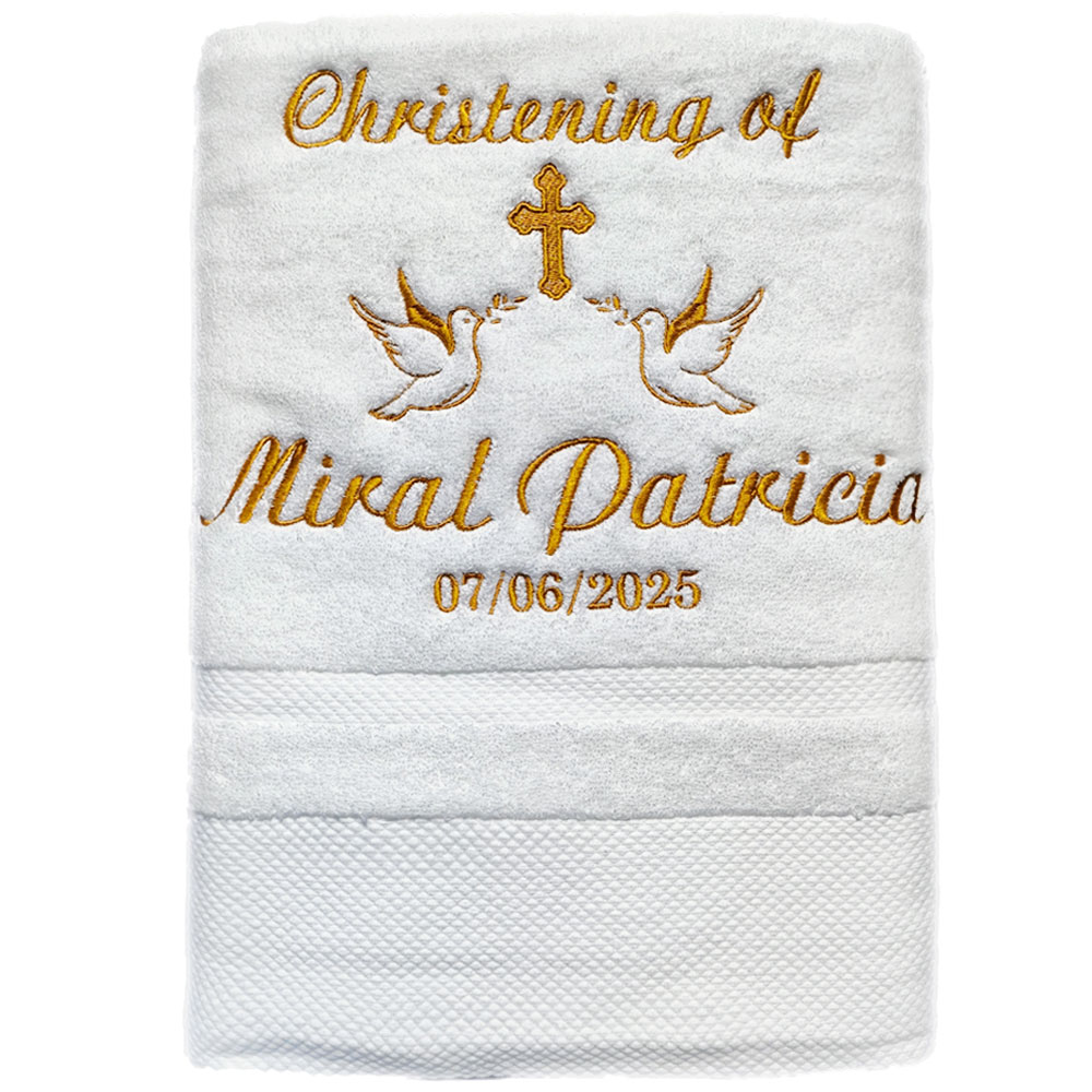 AHSNME Toalla de bautismo personalizada, toallas de baño de 70x140cm para bautizo de bebé, toalla blanca con nombre y fecha