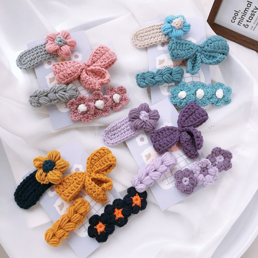 Otoño Invierno 4 unids/set Adorable de lana de punto Bowknot flor pelo Clip horquilla para las mujeres Accesorios