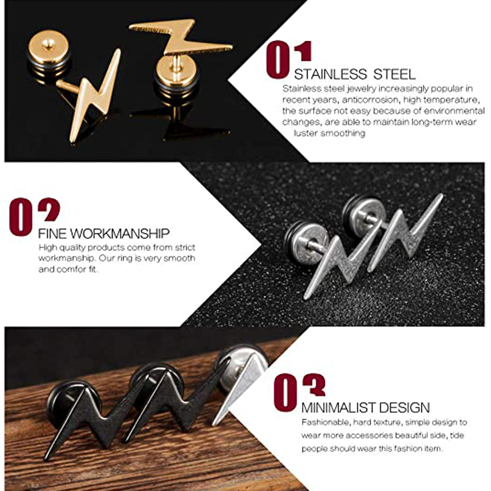 1 paar Mens Kühlen Blitz Förmigen Zucht Ohrringe und Schwarz Tonne Edelstahl Zubehör