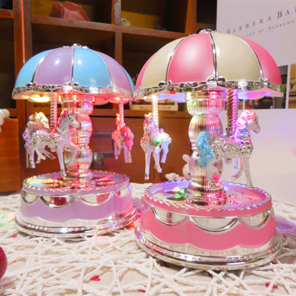 Luxe Carrousel Box 3 Paarden Draaien Led Licht Lichtgevende Rotatie (Paars)