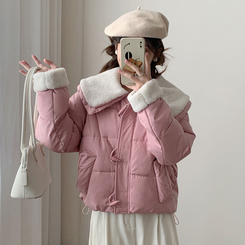 Chic Faux Lamb Wool Collar Parkas for Women Winter Mix Color Cotton Padded Jackets Woman Pockets Warm Parkas Female