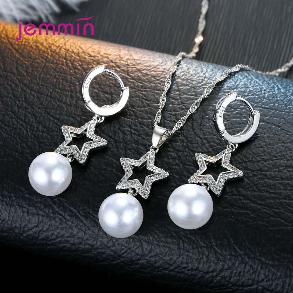 Vrouwen Verklaring 925 Sterling Silver Shimmer Sieraden Sets Parel Kubieke Zirkoon Kettingen Vijfpuntige Ster Doorstoken Oorbellen