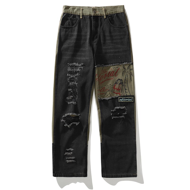 Streetwear Beach Beauty Jeans Men Blue Hip Hop Distressed Ripped Denim Jeans Washed Destroyed Patch Straight Denim Trousers: black / XL