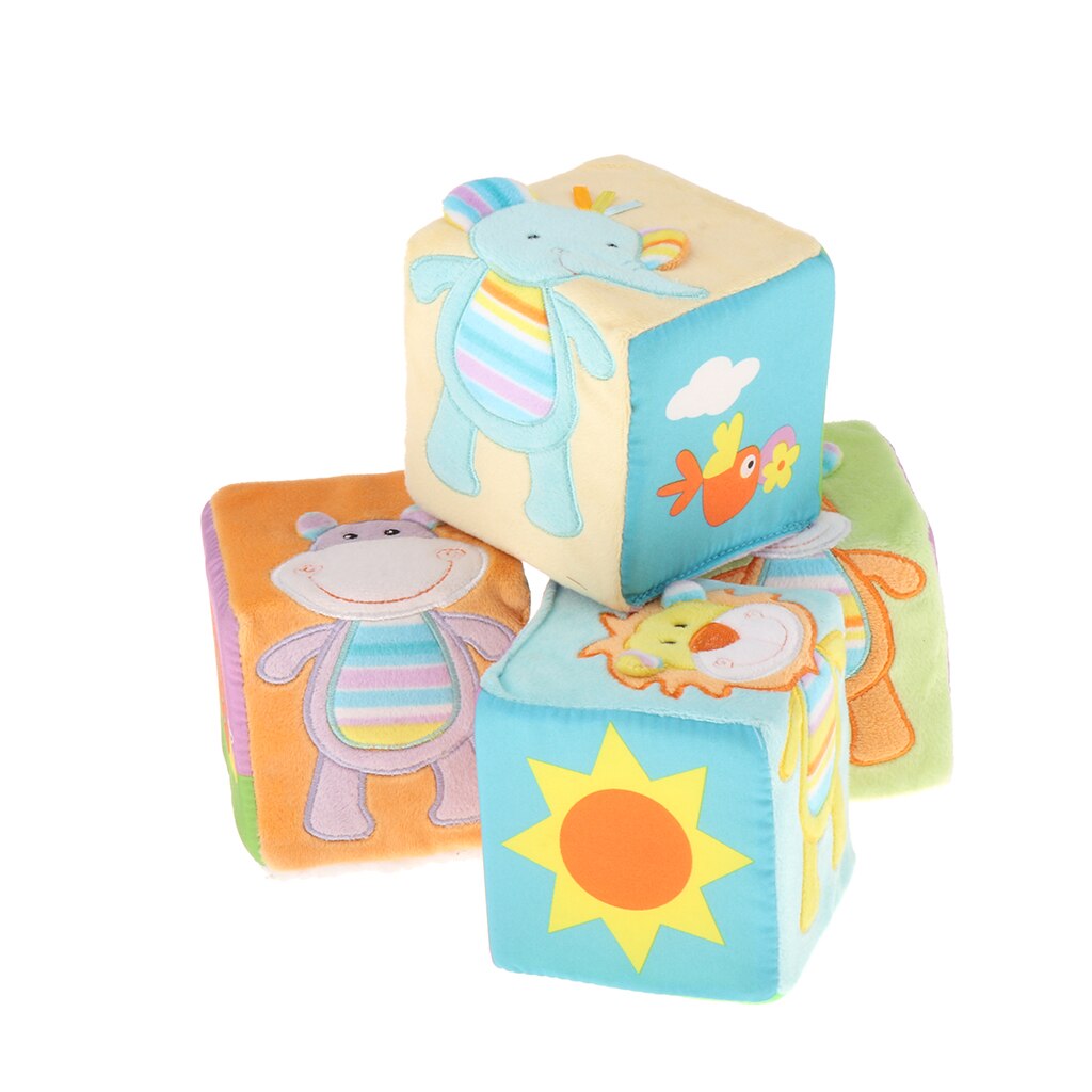 4Pcs Cube Baby Rammelaars Met Patronen Dieren En Letters - Kids Vroege Zintuiglijke Educatief Speelgoed