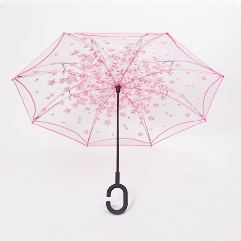 Ombrello trasparente inverso doppio strato invertito antivento manico C ombrelli da pioggia antivento per donna equipaggiamento da pioggia: rosa 1