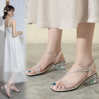 Zomerse, medium dikke sandalen met vierkante kop en wilde strass steentjes in grote maten voor dames