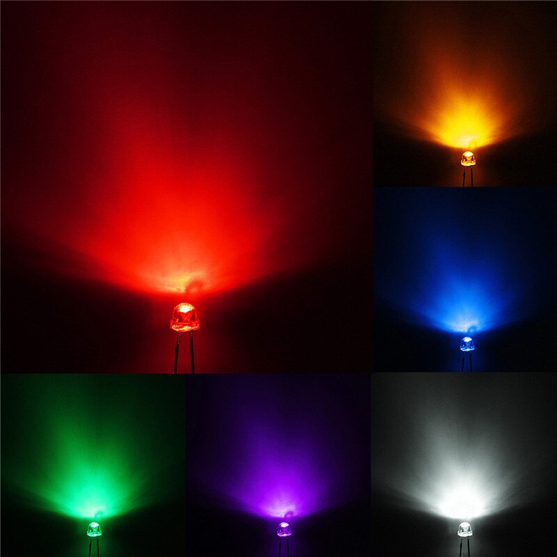 100Pcs 5mm LED Diode DIY Kit White Yellow Red Blue Green Purple Straw Hat LED Wide Angle Light Emitting Diodes Water Clear