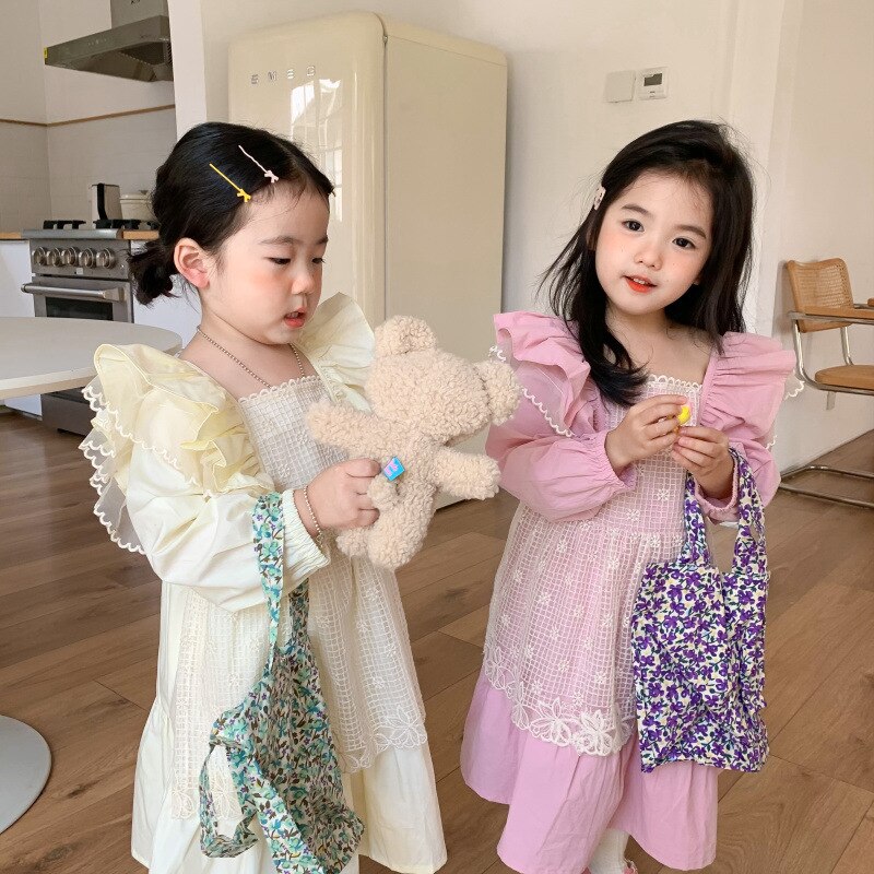 1195D 2022 Spring Korean Girls Dresses Long Sleeve Lace Vest and Flare Sleeve Dresses Princess Birthday Party Girls Clothes