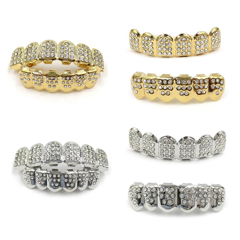 Gold Kleuren Fshion Hip Hop Gold Iced Out Cz Tanden Grillz Top Bottom Mannen Vrouwen Sieraden Bottom Maat 4cm X 1Cm