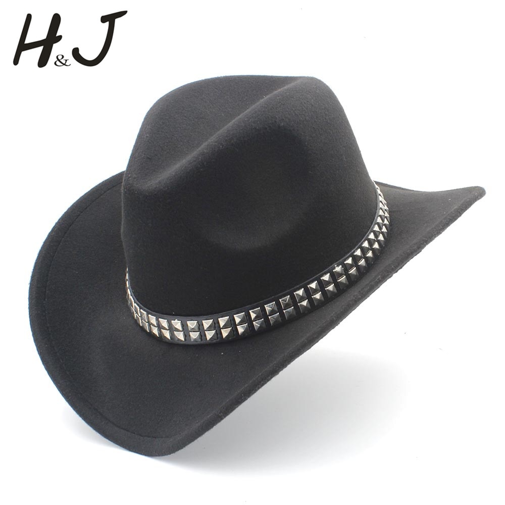 Women Men Wool Hollow Western Cowboy Hat With Wide Brim Felt Cowgirl Jazz Godfather Sombrero Cap Size 56-58CM Punk Belt A35