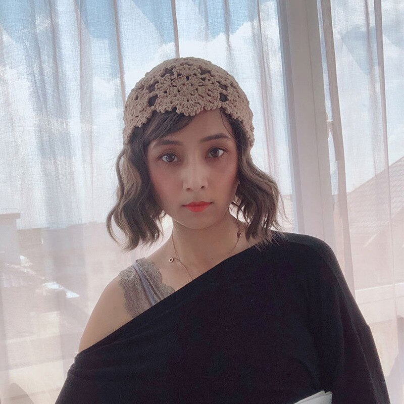 Elegante Katoen Baret Hollow Out Bloemen Decoratieve Hand Verslaafd Herfst Dames Pure Kleur Etnische Stijl Dome Kunstenaar Baret Hoed