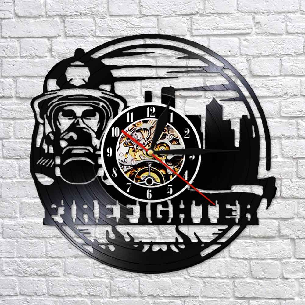Horloge murale en vinyle représentant un casque de pompier, décoration vintage pour le bureau des pompiers, montre silencieuse pour les pompiers