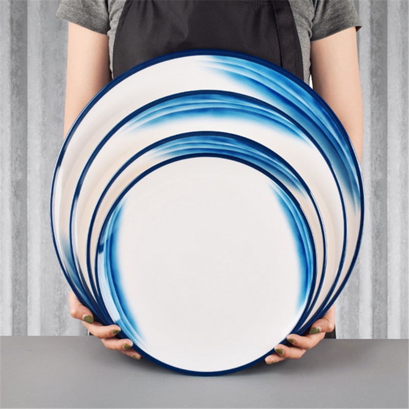 Melamin hav blå hvid service phnom penh geometri service keramisk fad porcelæn dessert porcelæn kage tallerken