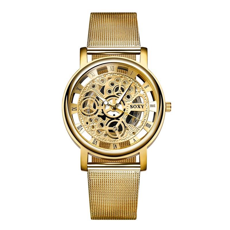 Kvinnor män klocka gravyr ihålig reloj hombre klänning kvarts armbandsur rostfritt stål band band kvinnor klocka relojes mujer: Gyllene