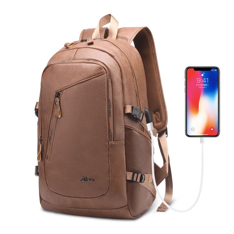 Laptop Backpack Large Men's Leather Backpack PU Waterproof Travel Business Backpack USB Charger Backpack Men's 15.6 Inch Men 002: Coffee