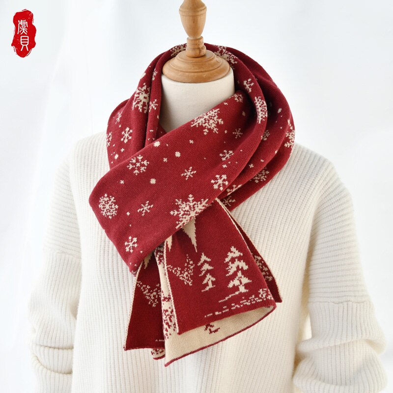 Christmas scarf child snowflake pure cotton shawl winter red knitting warm cute parent-child long scarves for boy girl kids